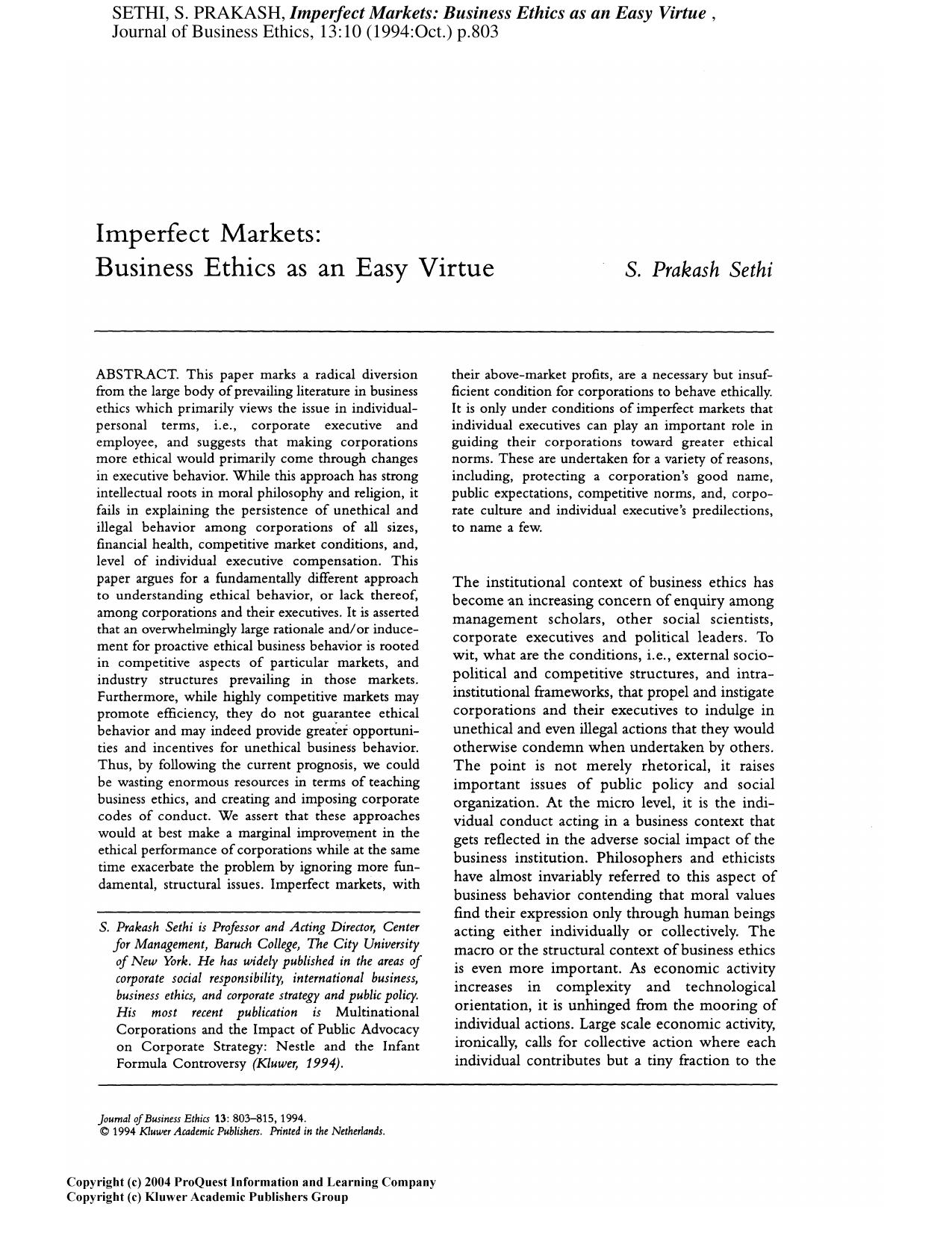 Imperfect Markets by Business Ethics as an Easy Virtue