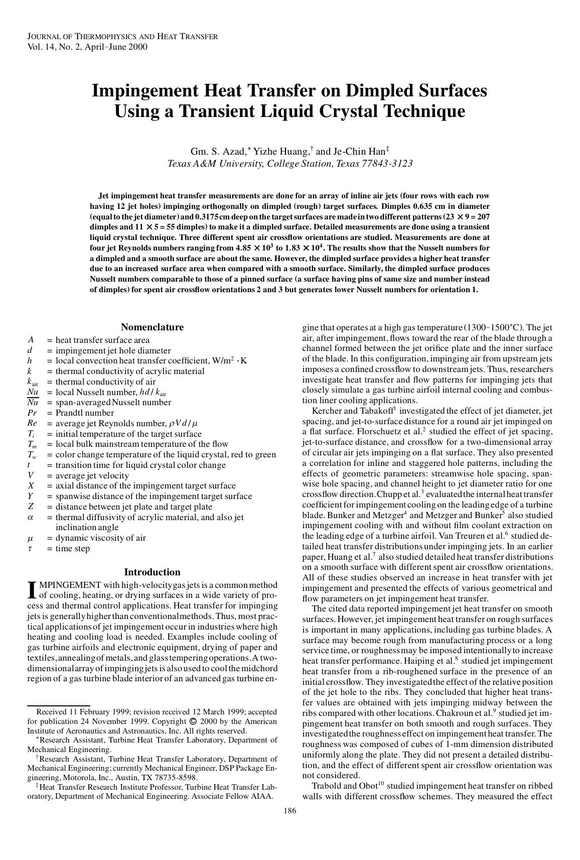 Impingement Heat Transfer on Dimpled Surfaces Using a Transient Liquid Crystal Technique by Unknown