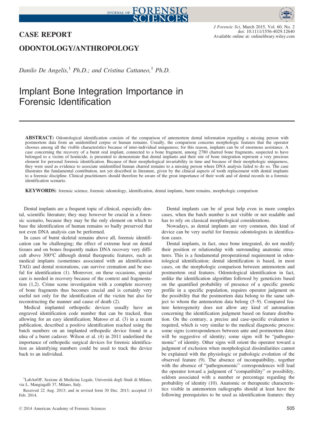Implant Bone Integration Importance in Forensic Identification by Unknown