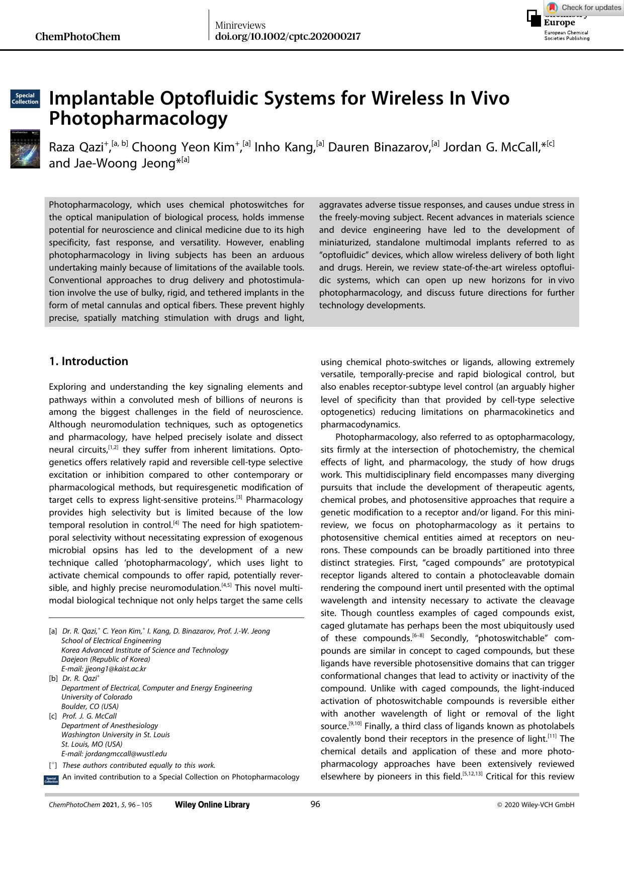 Implantable Optofluidic Systems for Wireless InâVivo Photopharmacology by Unknown