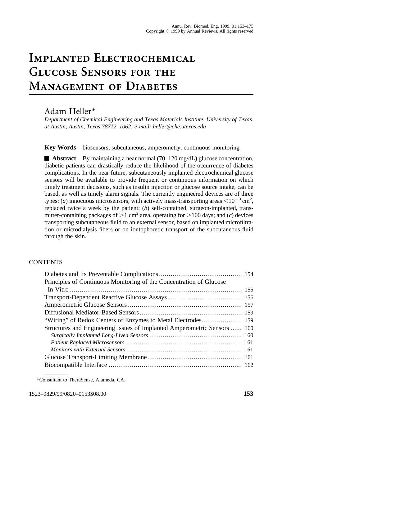 Implanted Electrochemical Glucose Sensors for the Management of Diabetes by Adam Heller1