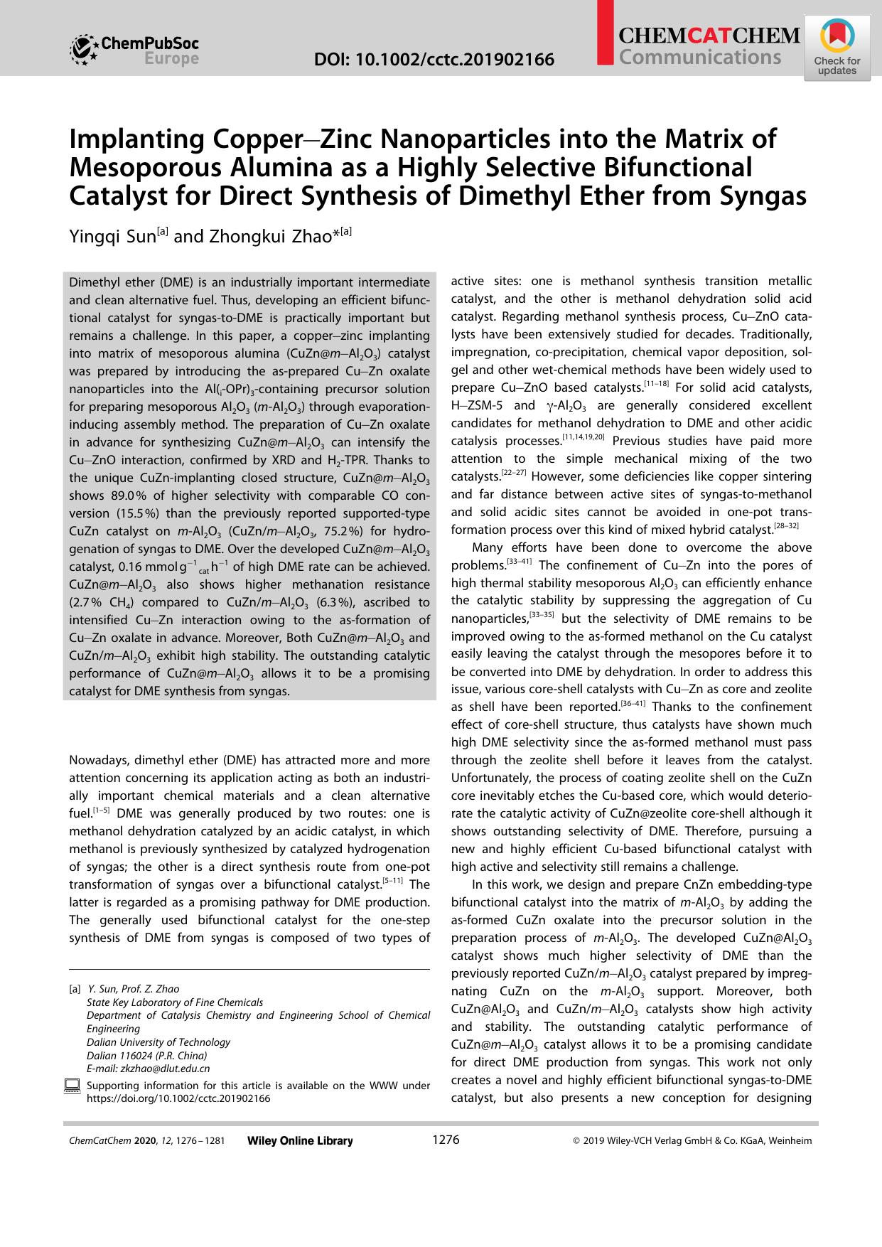 Implanting CopperâZinc Nanoparticles into the Matrix of Mesoporous Alumina as a Highly Selective Bifunctional Catalyst for Direct Synthesis of Dimethyl Ether from Syngas by Unknown