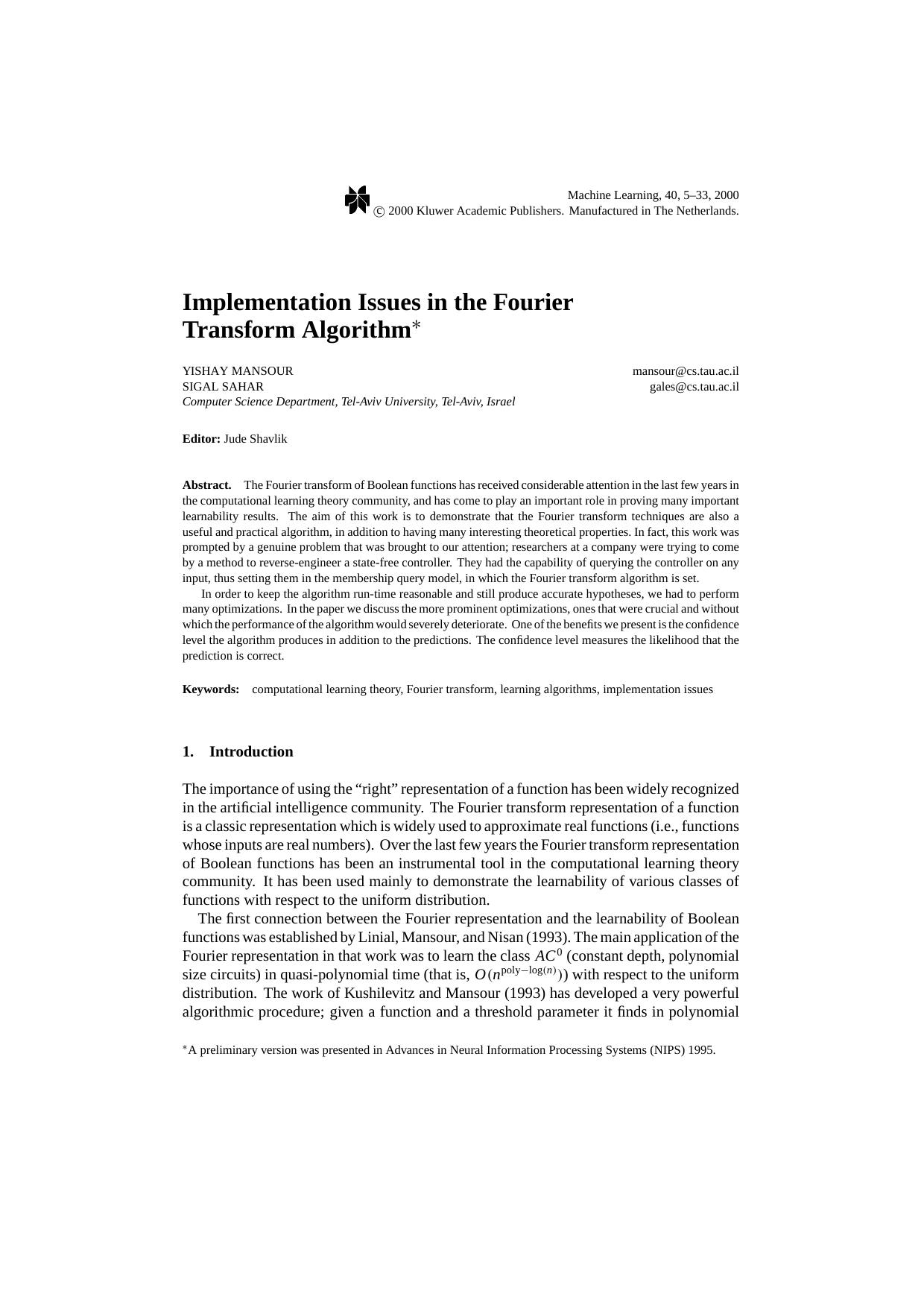 Implementation Issues in the Fourier Transform Algorithm by Implementation Issues in the Fourier Transform Algorithm