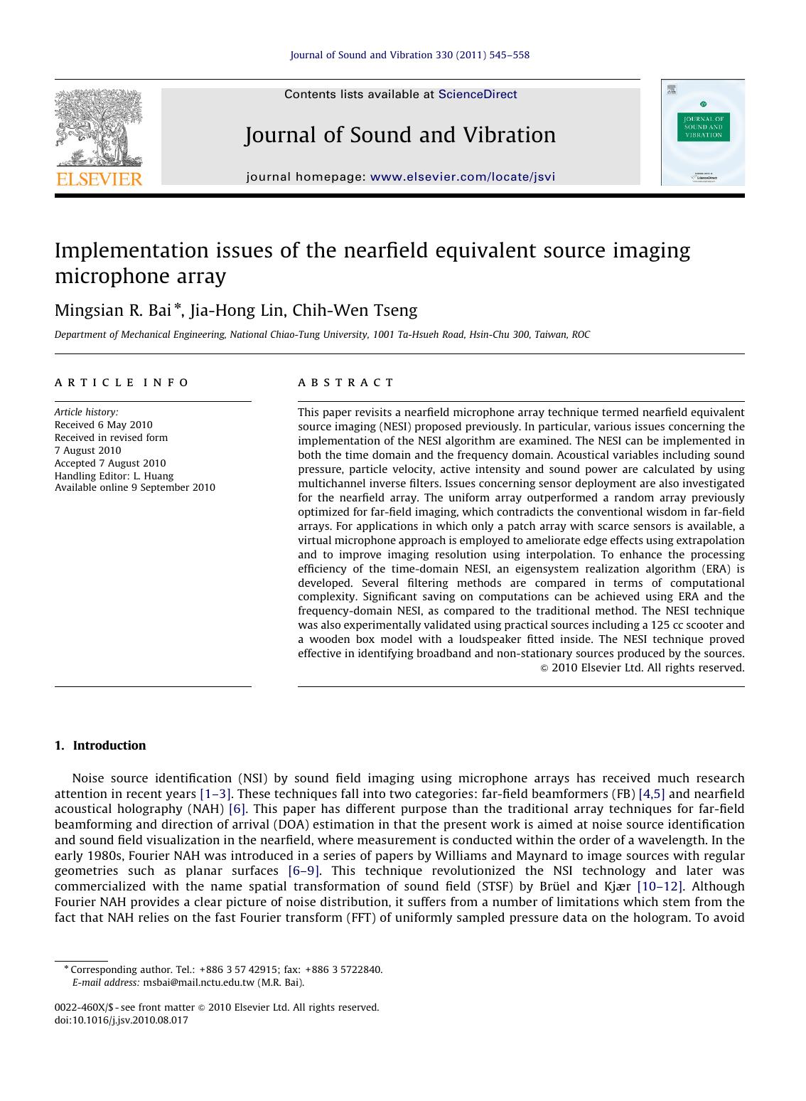 Implementation issues of the nearfield equivalent source imaging microphone array by Mingsian R. Bai & Jia-Hong Lin & Chih-Wen Tseng