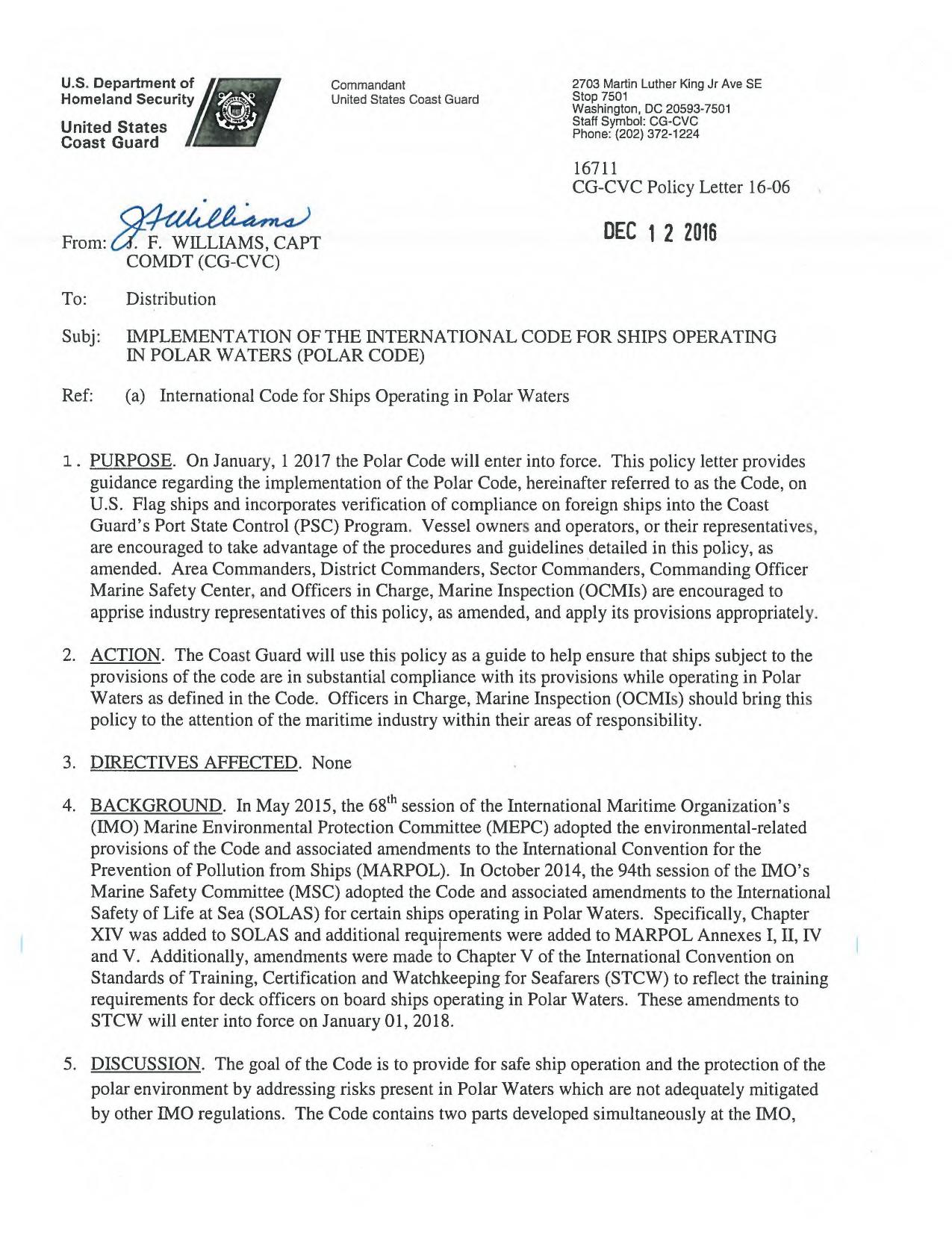 Implementation of the International Code for Ships Operating in Polar Waters (Polar Code) by Redistributed by Regs4ships Ltd