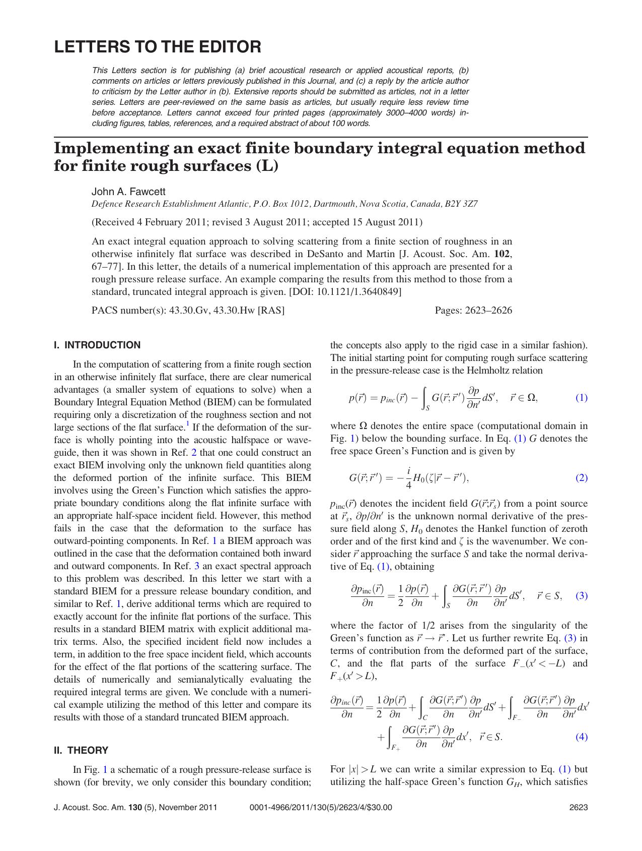 Implementing an exact finite boundary integral equation method for finite rough surfaces (L) by John A. Fawcett