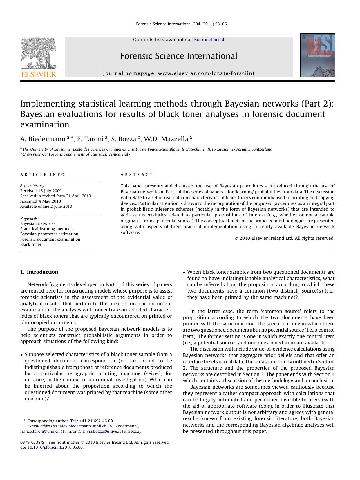 Implementing statistical learning methods through Bayesian networks (Part 2): Bayesian evaluations for results of black toner analyses in forensic document examination by A. Biedermann