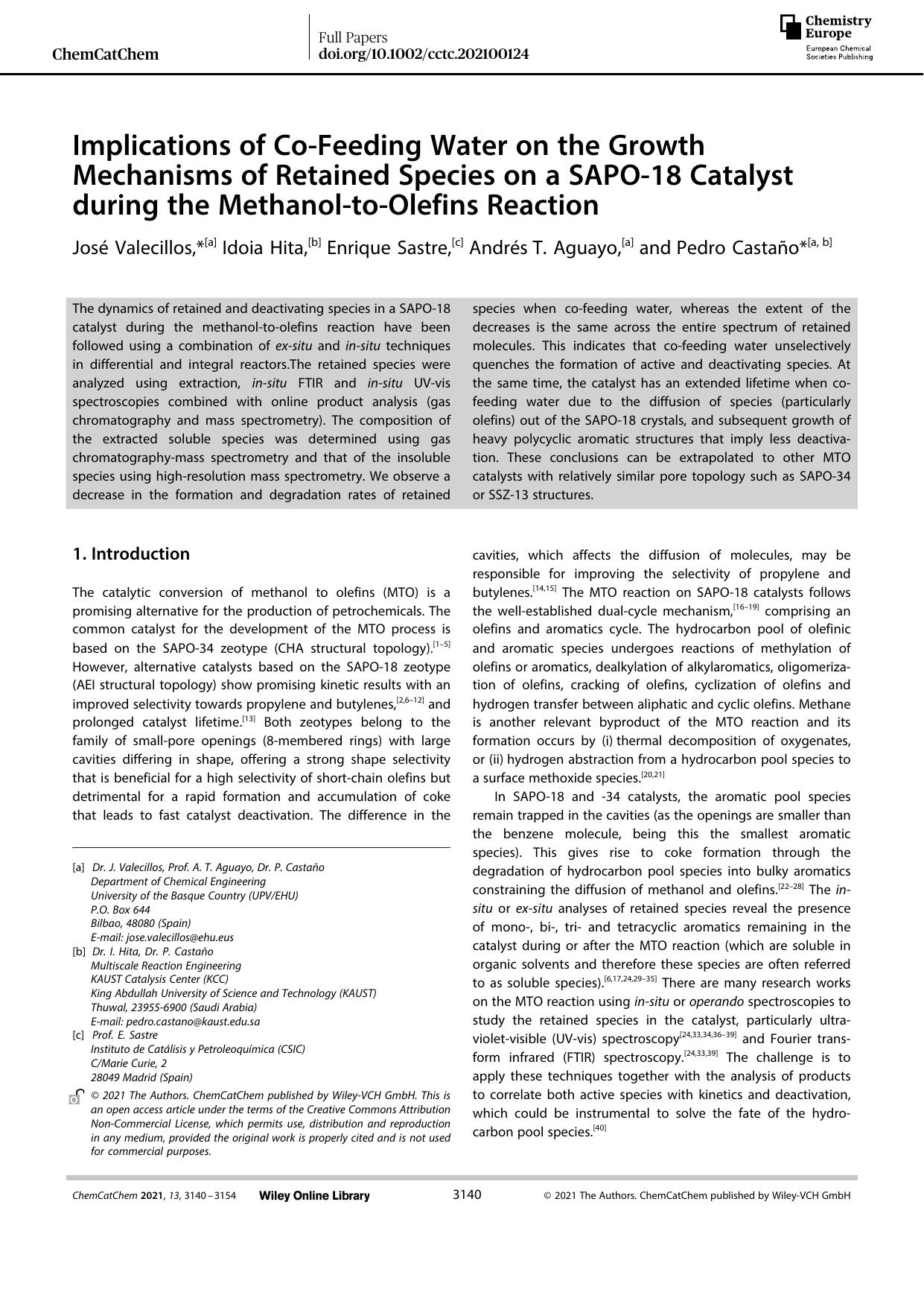 Implications of CoâFeeding Water on the Growth Mechanisms of Retained Species on a SAPOâ18 Catalyst during the MethanolâtoâOlefins Reaction by Unknown