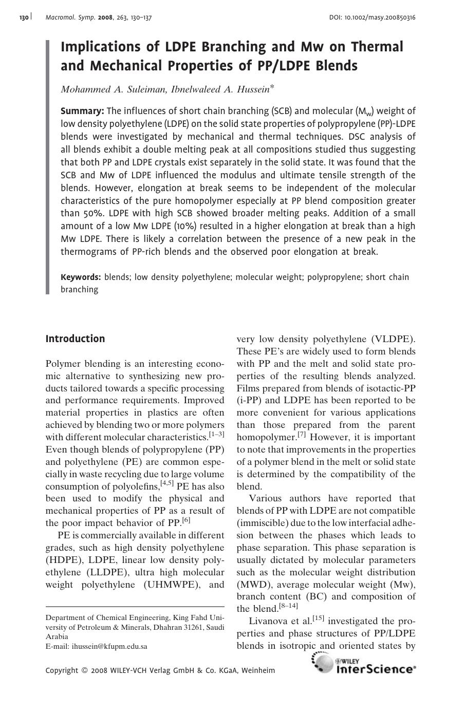 Implications of LDPE Branching and Mw on Thermal and Mechanical Properties of PPLDPE Blends by Unknown