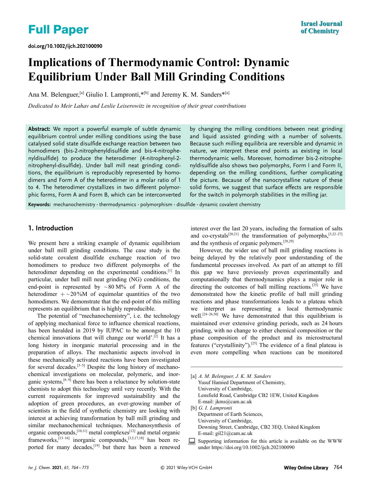 Implications of Thermodynamic Control: Dynamic Equilibrium Under Ball Mill Grinding Conditions by Unknown