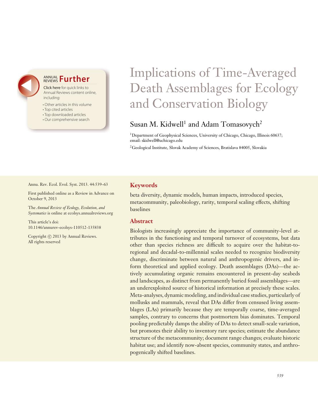 Implications of Time-Averaged Death Assemblages for Ecology and Conservation Biology by Susan M. Kidwell and Adam Tomasovych