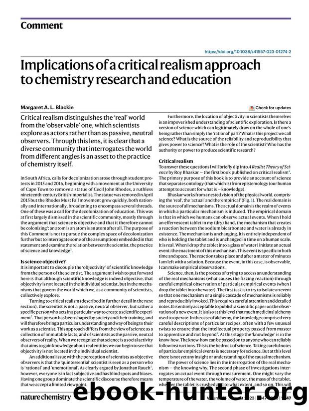 Implications of a critical realism approach to chemistry research and education by Margaret A. L. Blackie