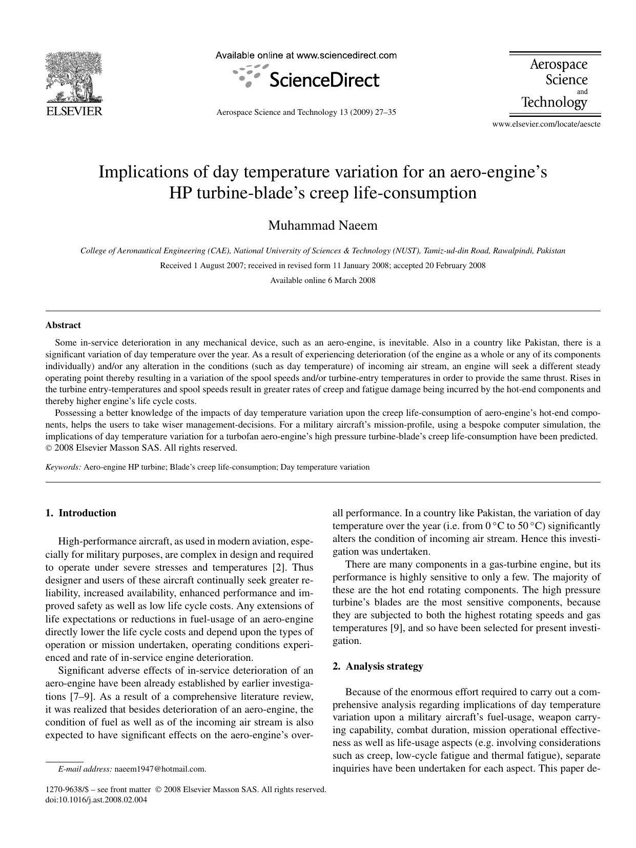 Implications of day temperature variation for an aero-engine's HP turbine-blade's creep life-consumption by Muhammad Naeem