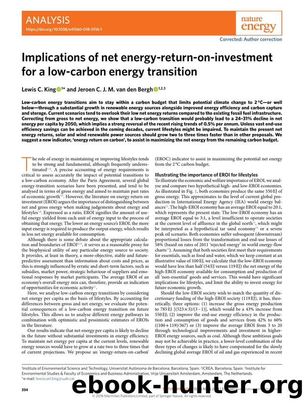 Implications of net energy-return-on-investment for a low-carbon energy transition by Lewis C. King & Jeroen C. J. M. van den Bergh