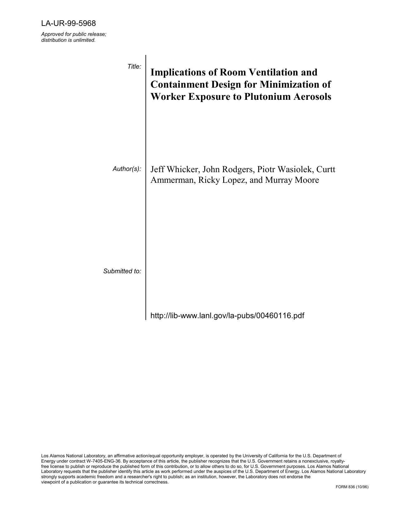 Implications of room ventilation and containment design for minimization of worker exposure to plutonium aerosols None by Unknown