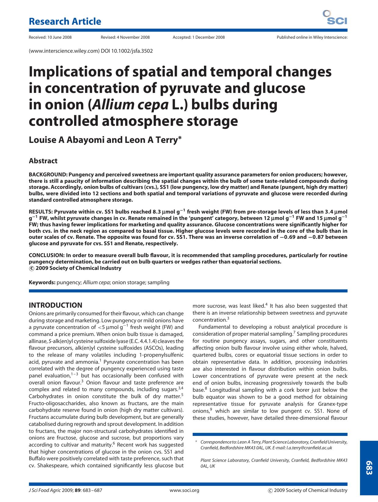 Implications of spatial and temporal changes in concentration of pyruvate and glucose in onion (Allium cepa L.) bulbs during controlled atmosphere storage by Unknown