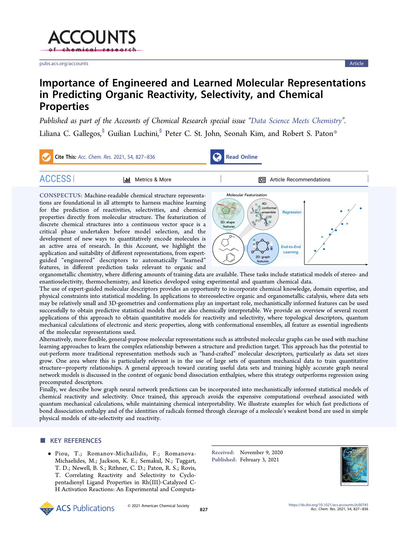 Importance of Engineered and Learned Molecular Representations in Predicting Organic Reactivity, Selectivity, and Chemical Properties by Liliana C. Gallegos Guilian Luchini Peter C. St. John Seonah Kim and Robert S. Paton