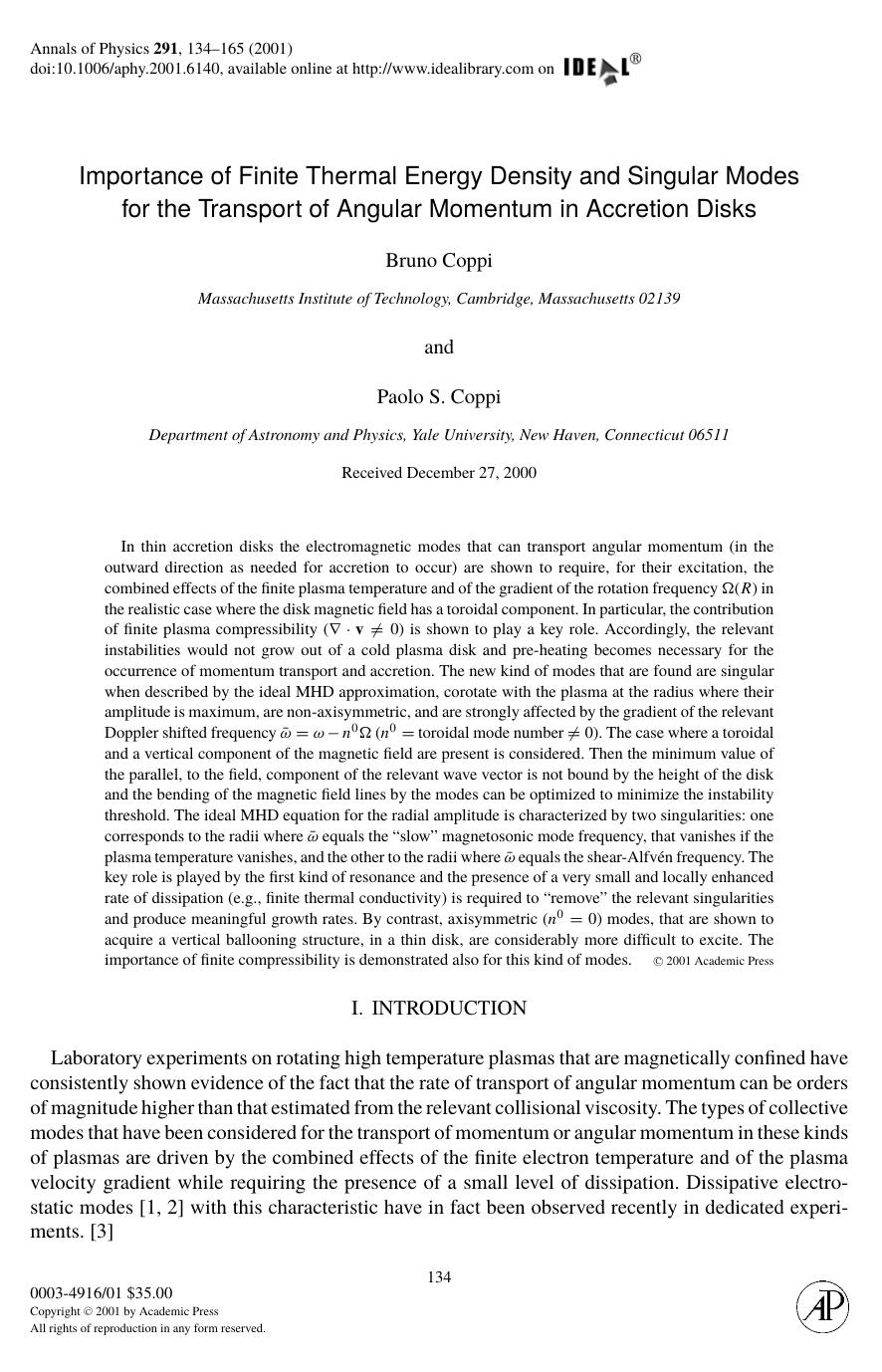 Importance of Finite Thermal Energy Density and Singular Modes
for the Transport of Angular Momentum in Accretion Disks by Coppi B. et al