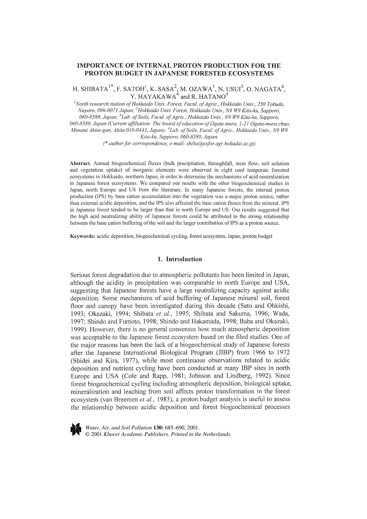 Importance of Internal Proton Production for the Proton Budget in Japanese Forested Ecosystems by Unknown