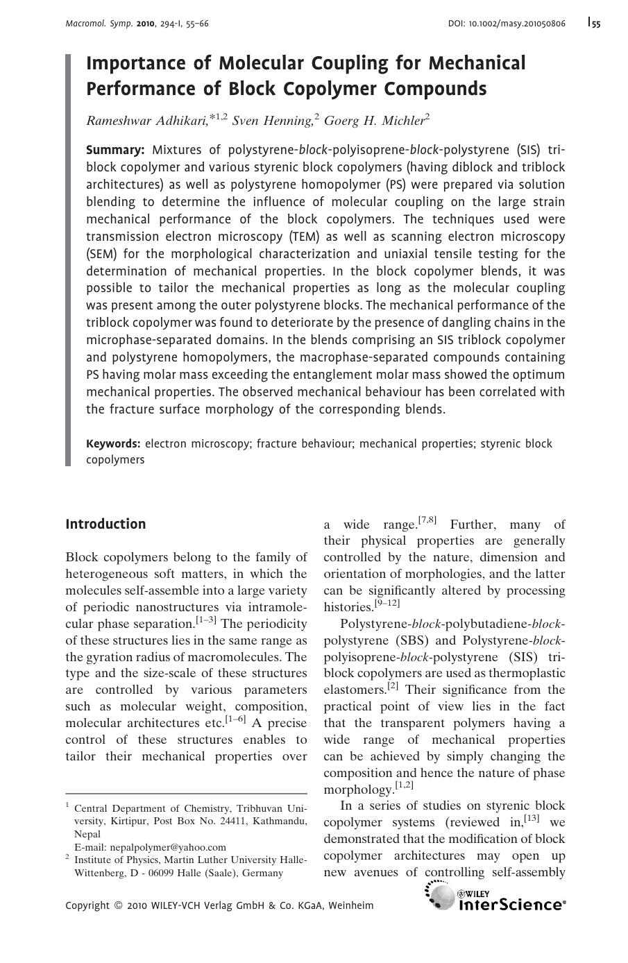 Importance of Molecular Coupling for Mechanical Performance of Block Copolymer Compounds by Unknown