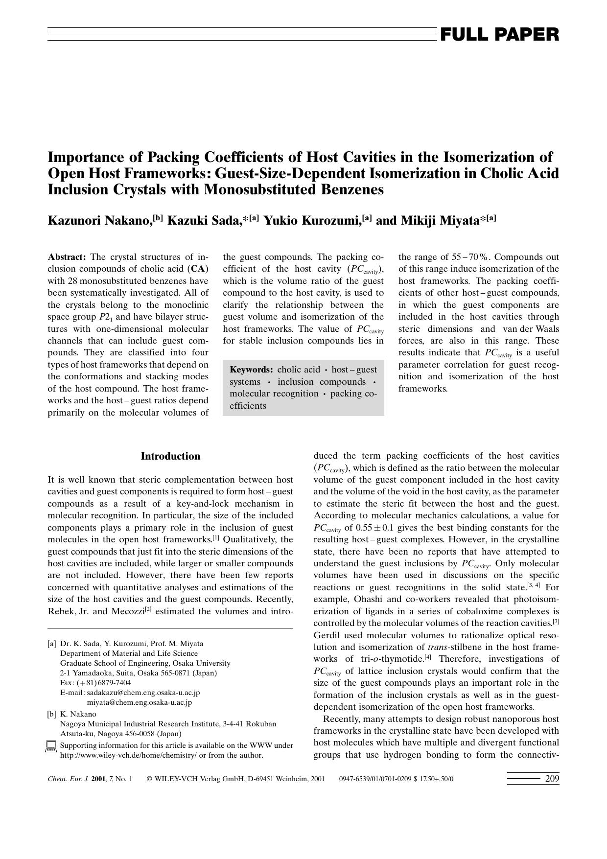 Importance of Packing Coefficients of Host Cavities in the Isomerization of Open Host Frameworks: Guest-Size-Dependent Isomerization in Cholic Acid Inclusion Crystals with Monosubstituted Benzenes by Unknown