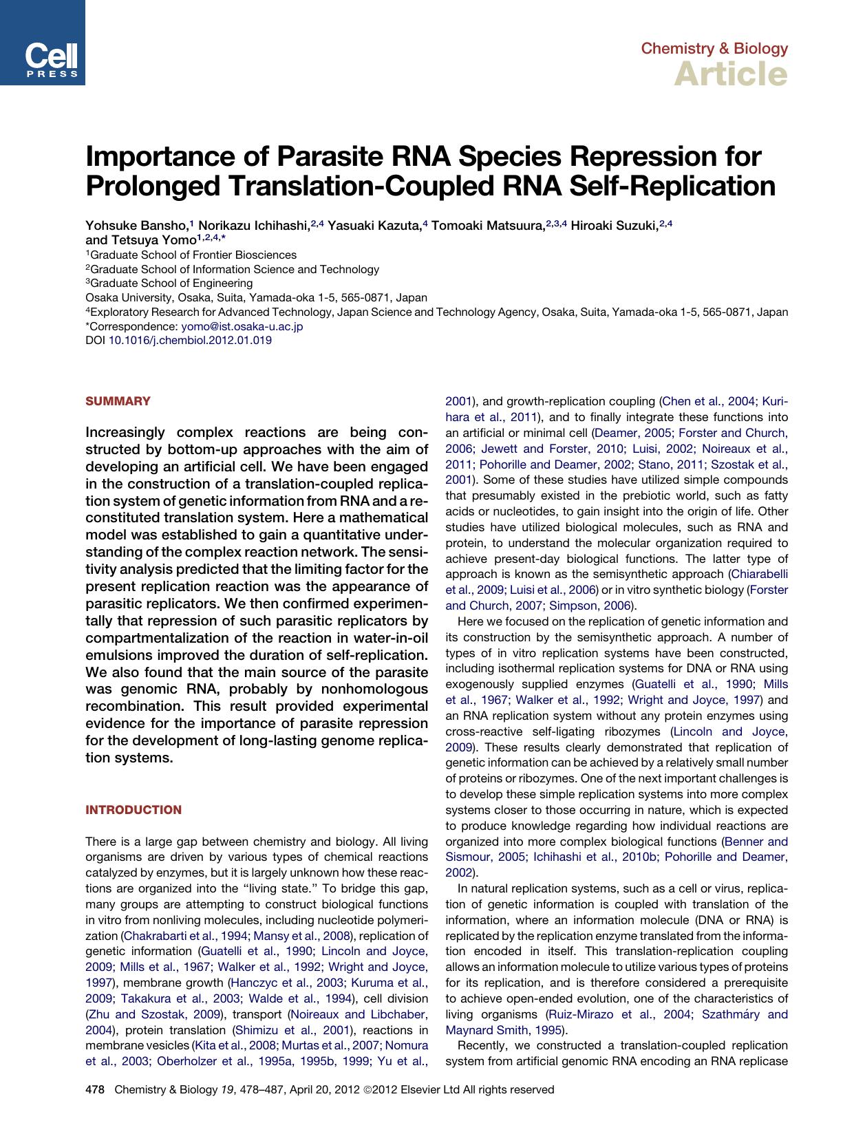 Importance of Parasite RNA Species Repression for Prolonged Translation-Coupled RNA Self-Replication by unknow