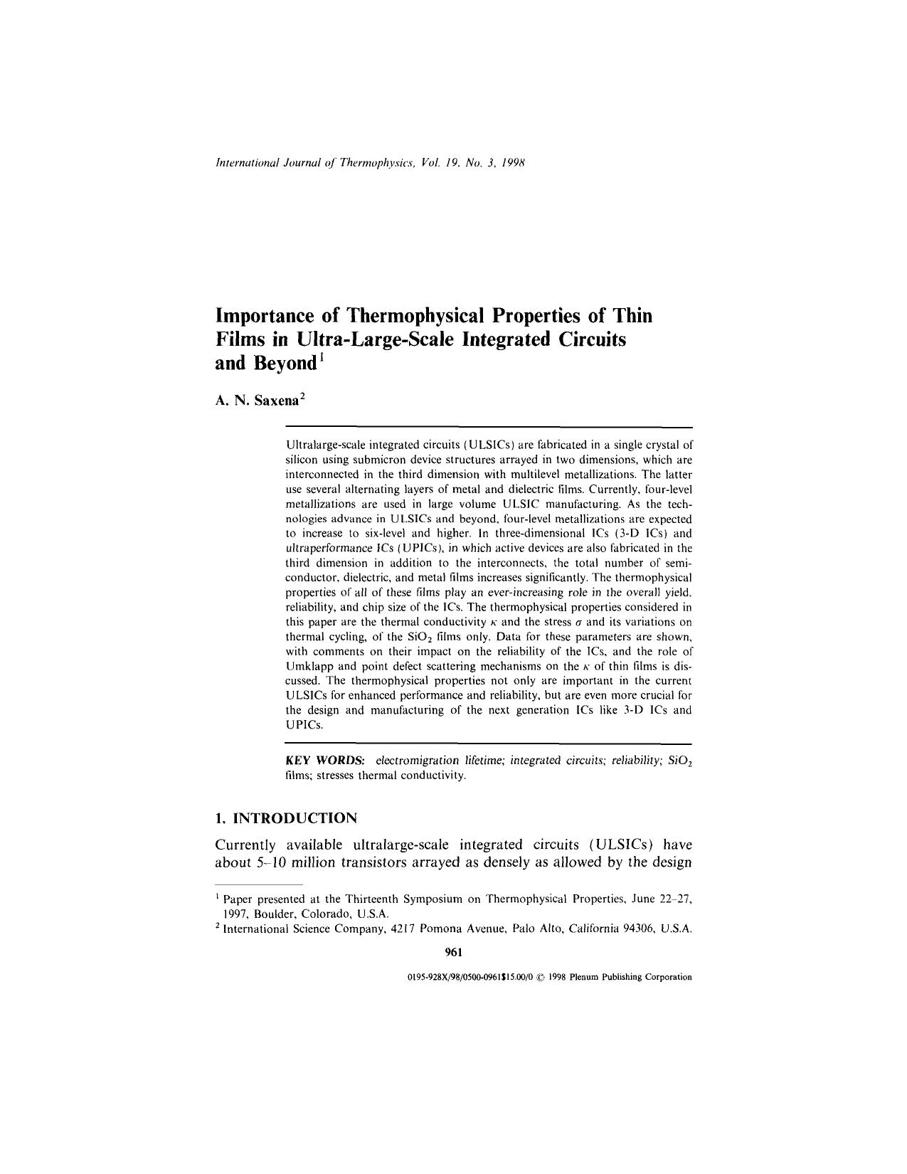 Importance of Thermophysical Properties of Thin Films in Ultra-Large-Scale Integrated Circuits and Beyond by Unknown