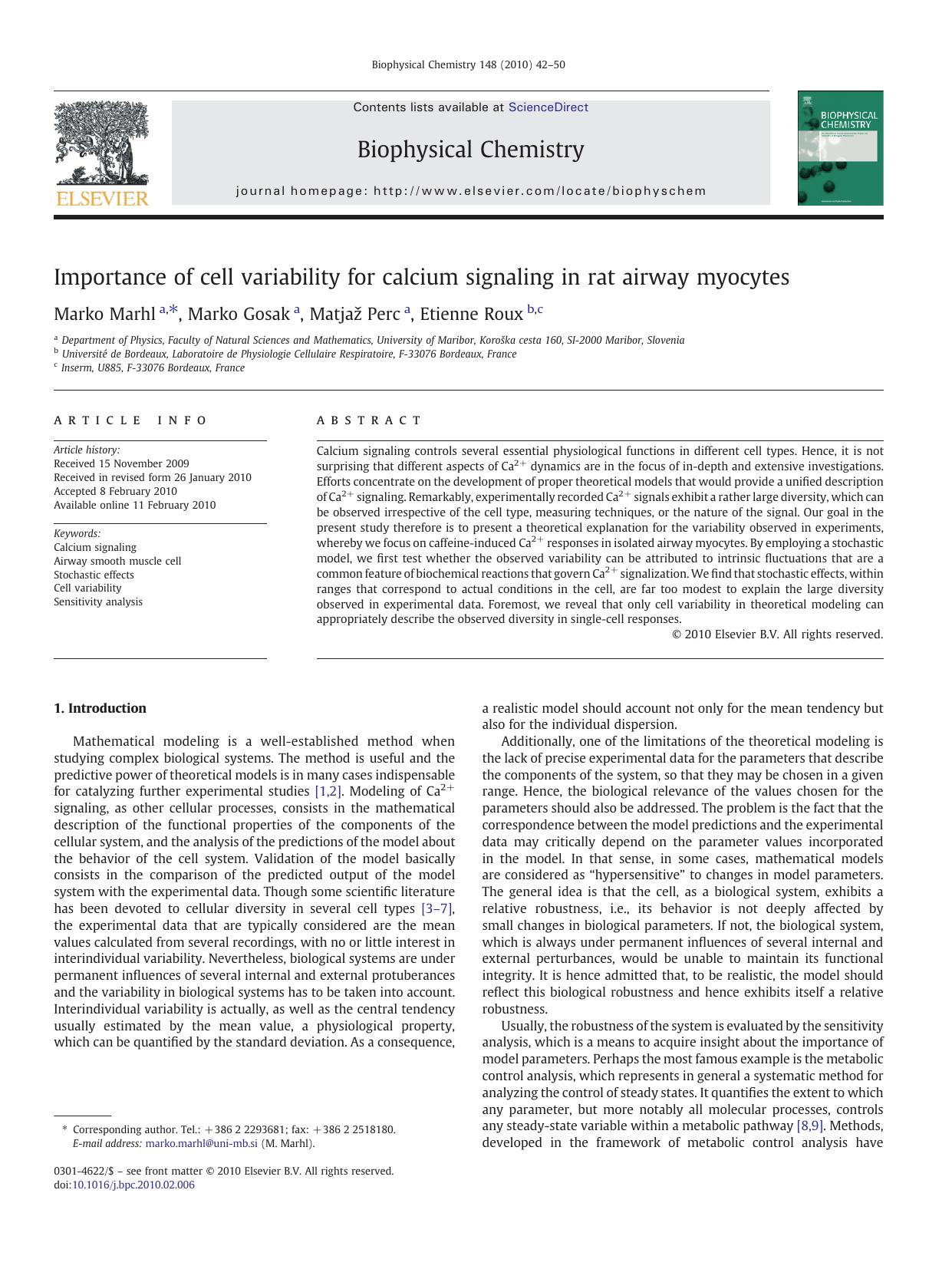 Importance of cell variability for calcium signaling in rat airway myocytes by Marko Marhl; Marko Gosak; Matjaž Perc; Etienne Roux