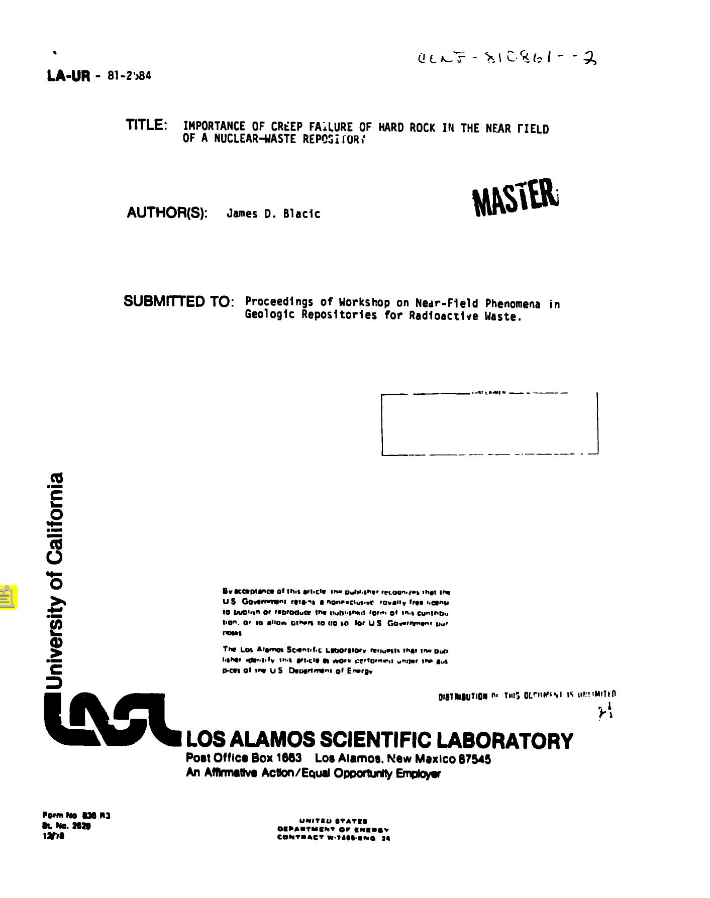 Importance of creep failure of hard rock in the near field of a nuclear-waste repository None by LANL Research Library LWW Project