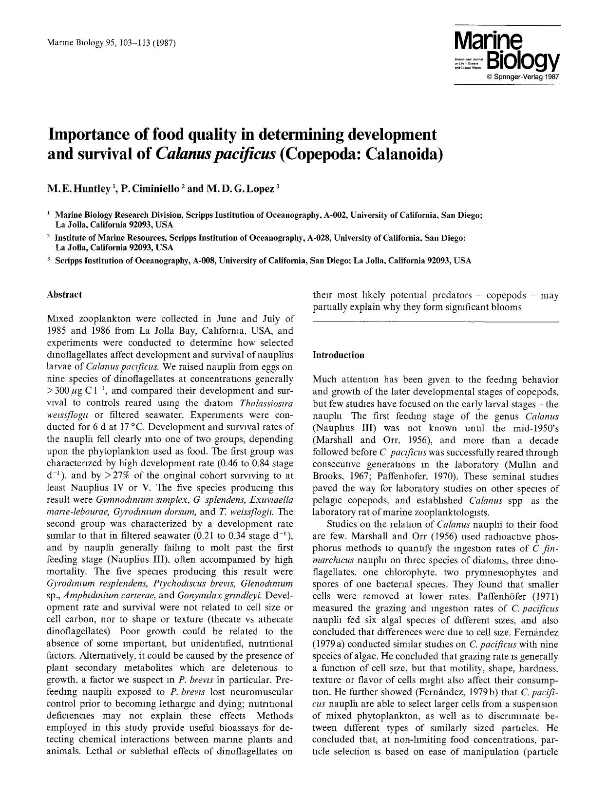 Importance of food quality in determining development and survival of <Emphasis Type="Italic">Calanus pacificus<Emphasis> (Copepoda: Calanoida) by Unknown