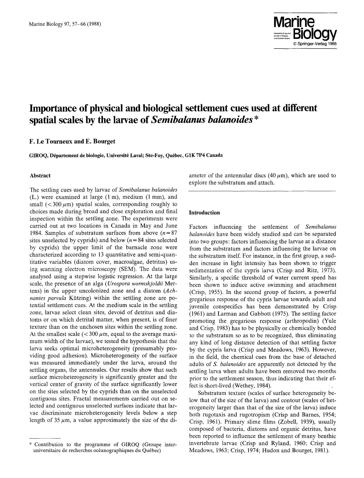 Importance of physical and biological settlement cues used at different spatial scales by the larvae of <Emphasis Type="Italic">Semibalanus balanoides<Emphasis> by Unknown