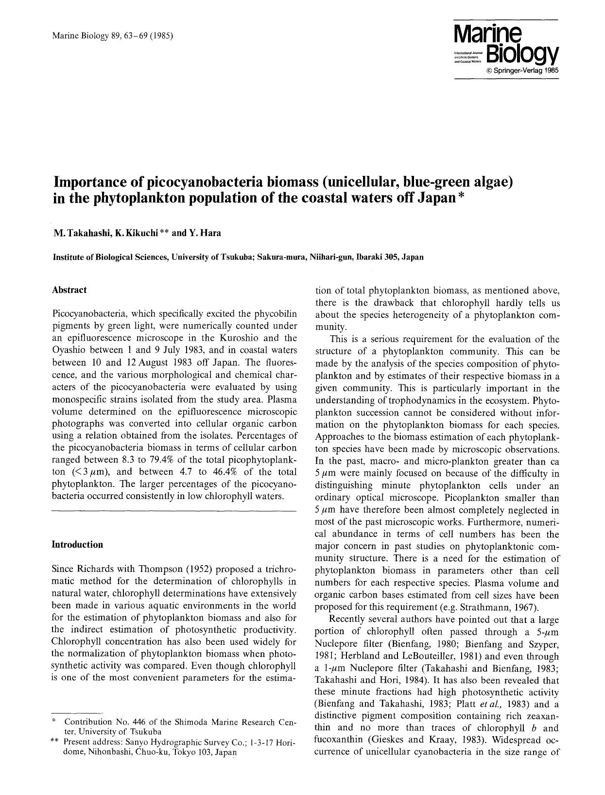 Importance of picocyanobacteria biomass (unicellular, blue-green algae) in the phytoplankton population of the coastal waters off Japan by Unknown