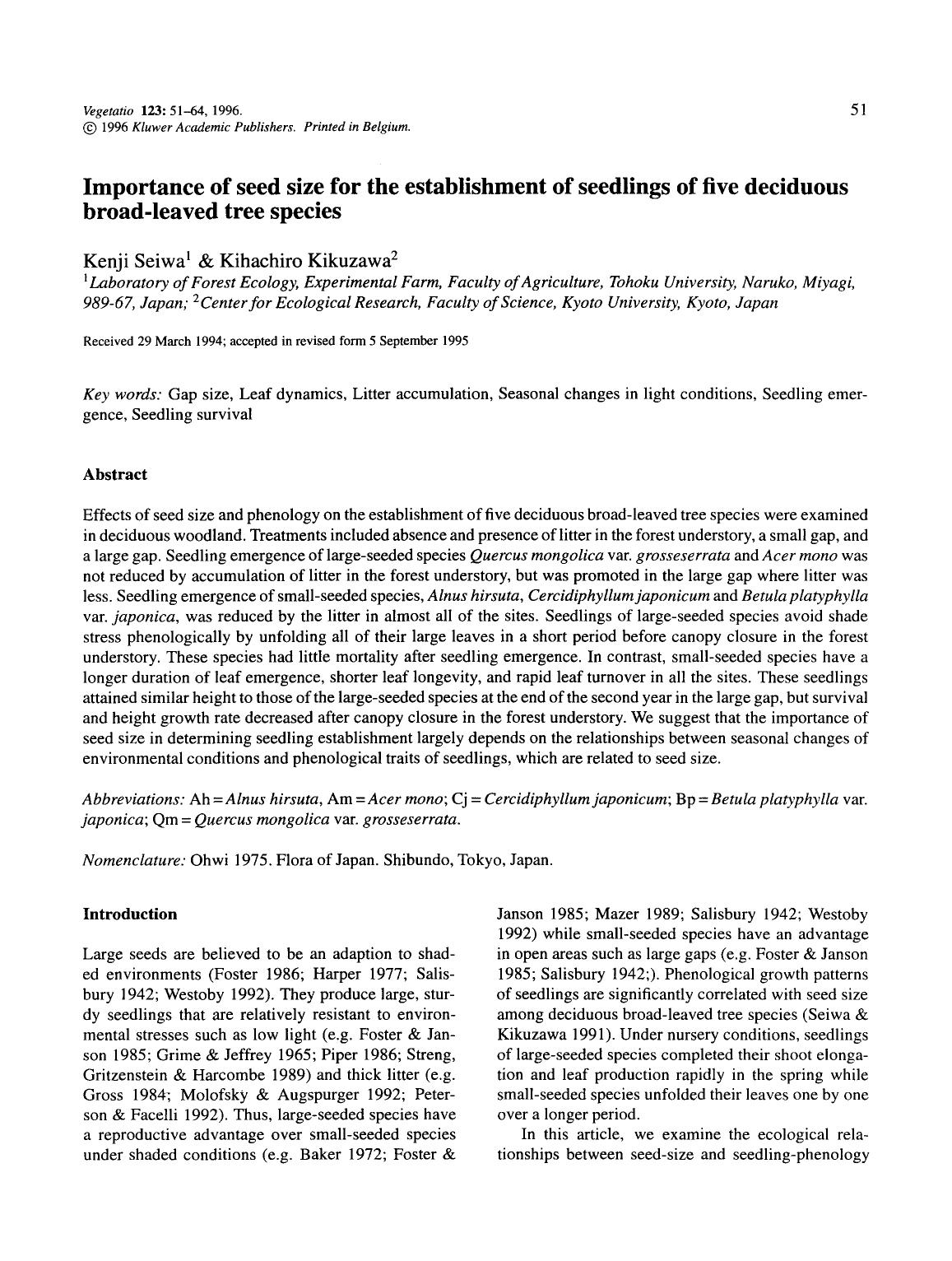 Importance of seed size for the establishment of seedlings of five deciduous broad-leaved tree species by Unknown