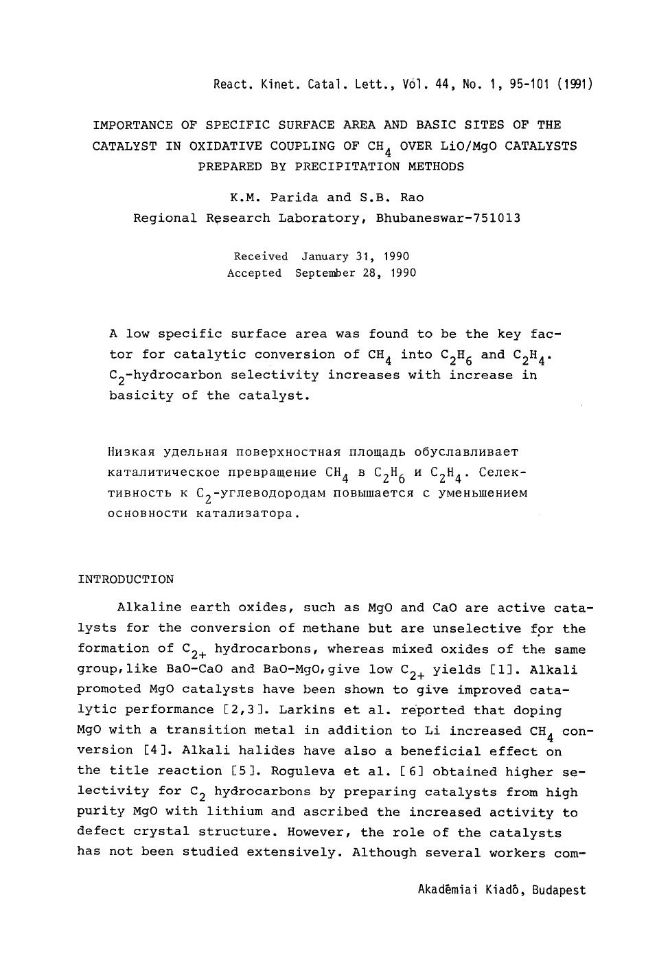 Importance of specific surface area and basic sites of the catalyst in oxidative coupling of CH <Subscript>4 <Subscript> over LiOMgO catalysts prepared by precipitation methods by Unknown