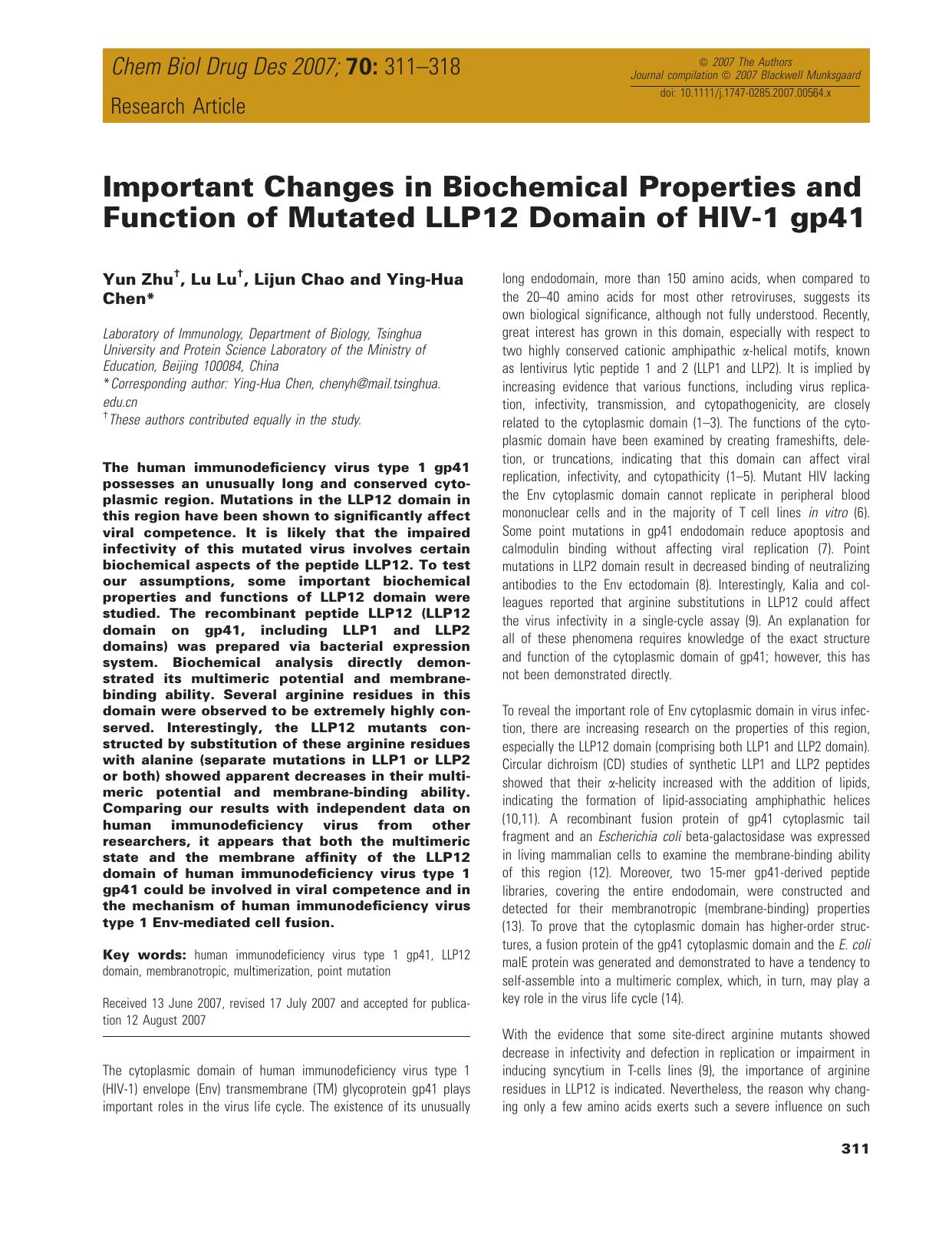 Important Changes in Biochemical Properties and Function of Mutated LLP12 Domain of HIV-1 gp41 by unknow