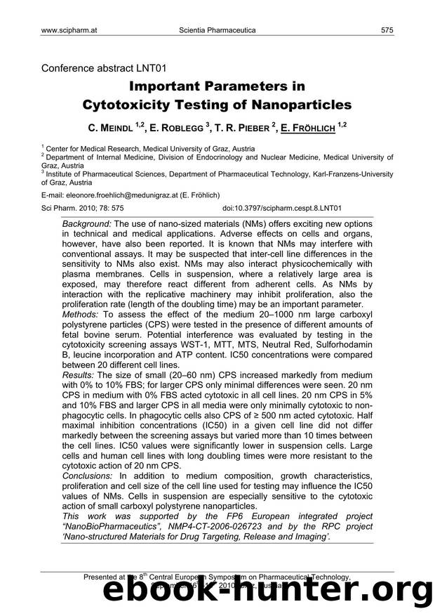 Important Parameters in Cytotoxicity Testing of Nanoparticles by C. MEINDL & E. ROBLEGG & T. R. PIEBER & E. FRÖHLICH