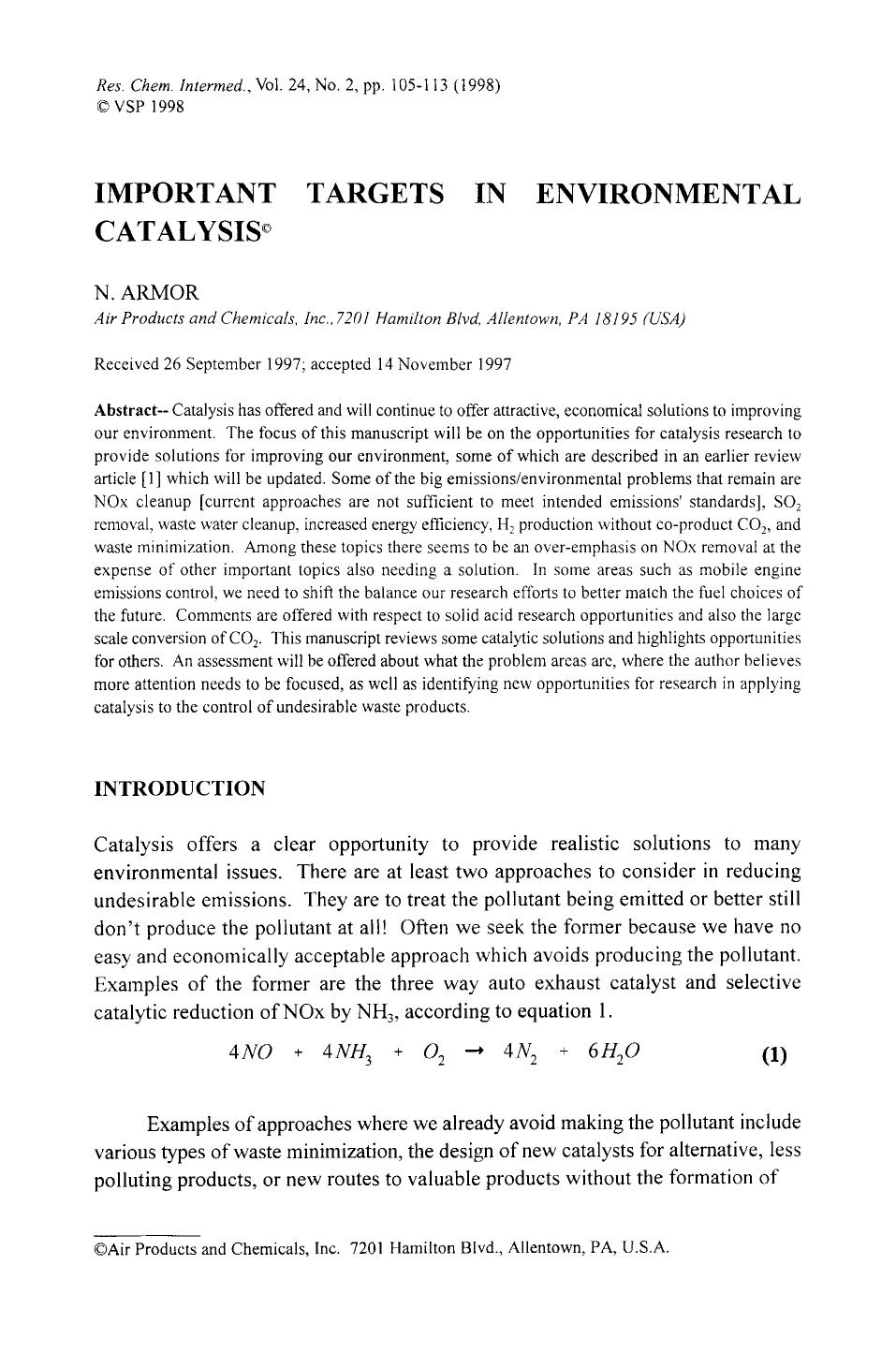 Important targets in environmental catalysis by Unknown