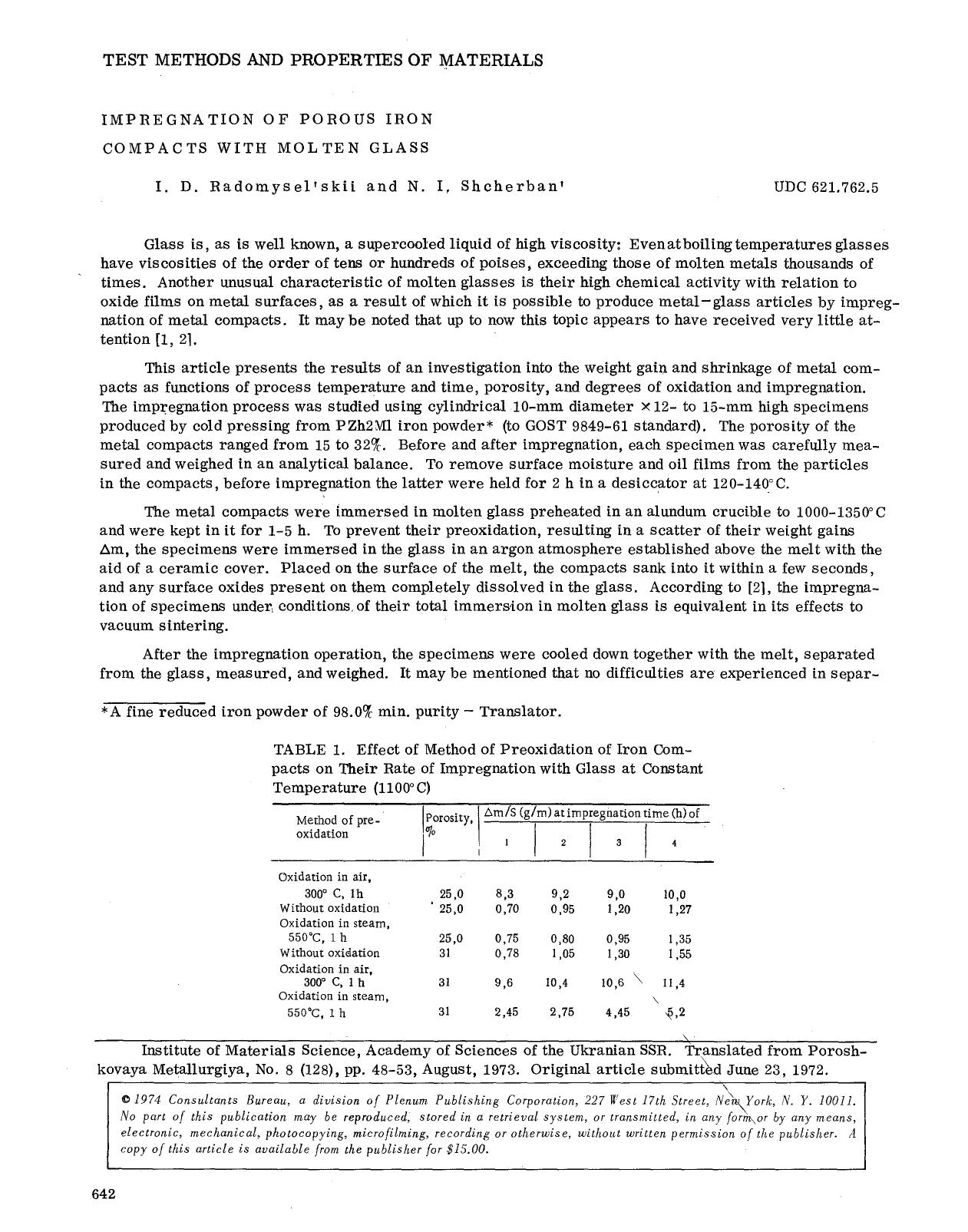 Impregnation of porous iron compacts with molten glass by Unknown