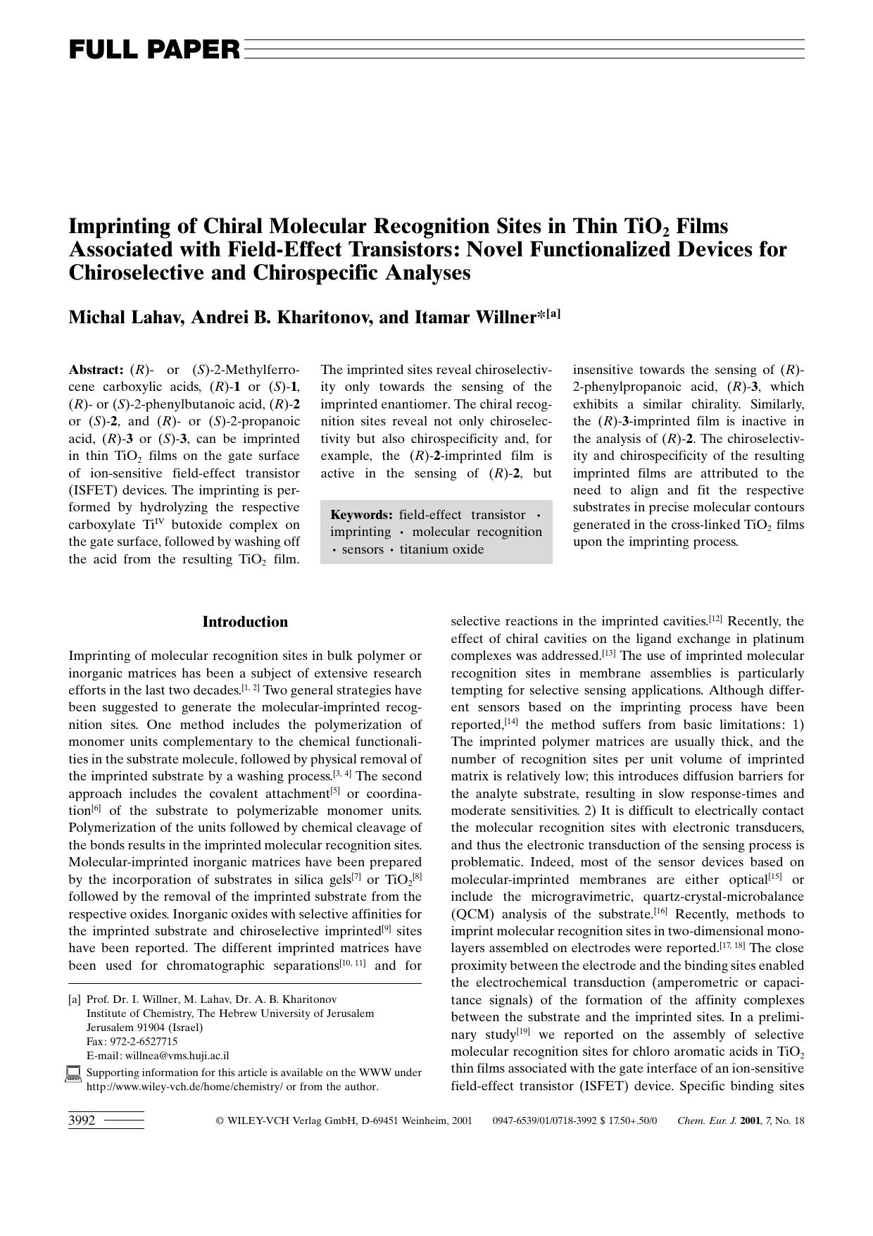 Imprinting of Chiral Molecular Recognition Sites in Thin TiO2 Films Associated with Field-Effect Transistors: Novel Functionalized Devices for Chiroselective and Chirospecific Analyses by Unknown