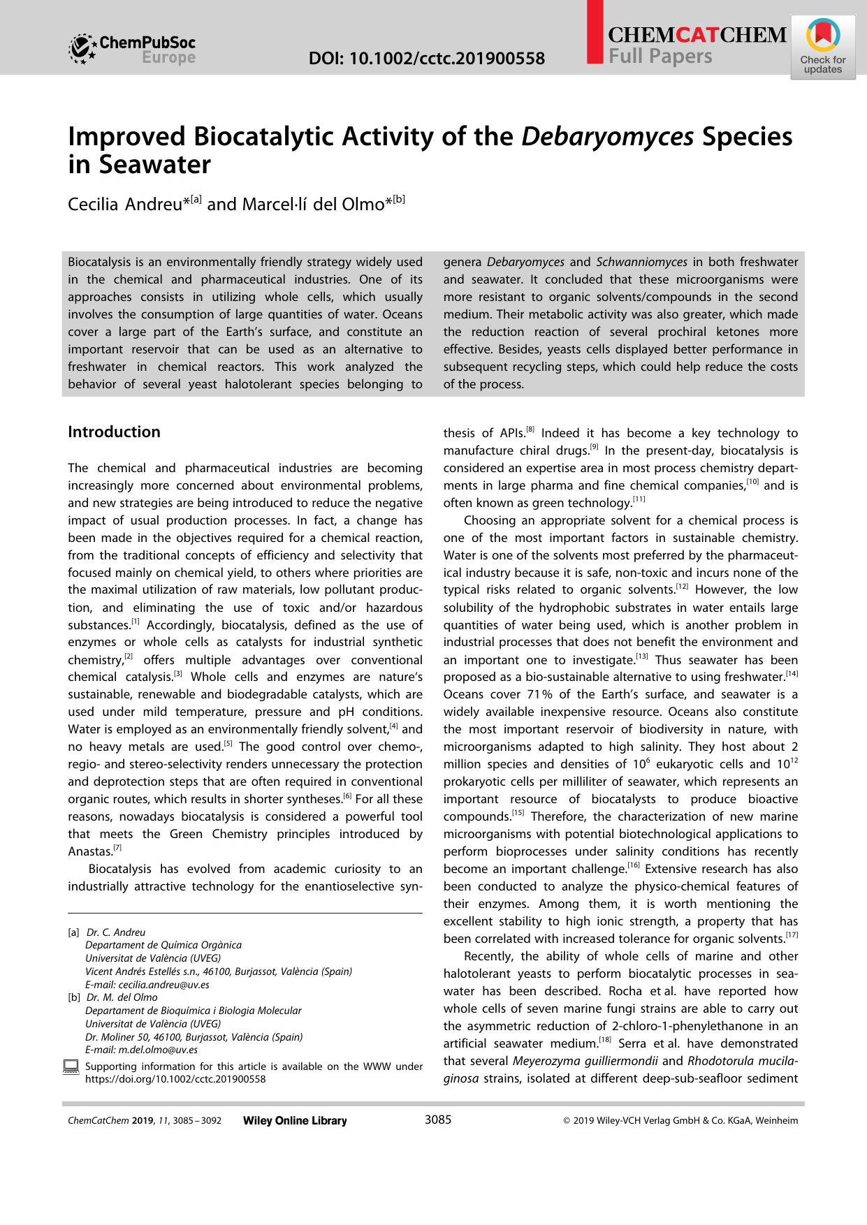 Improved Biocatalytic Activity of the Debaryomyces Species in Seawater by Unknown
