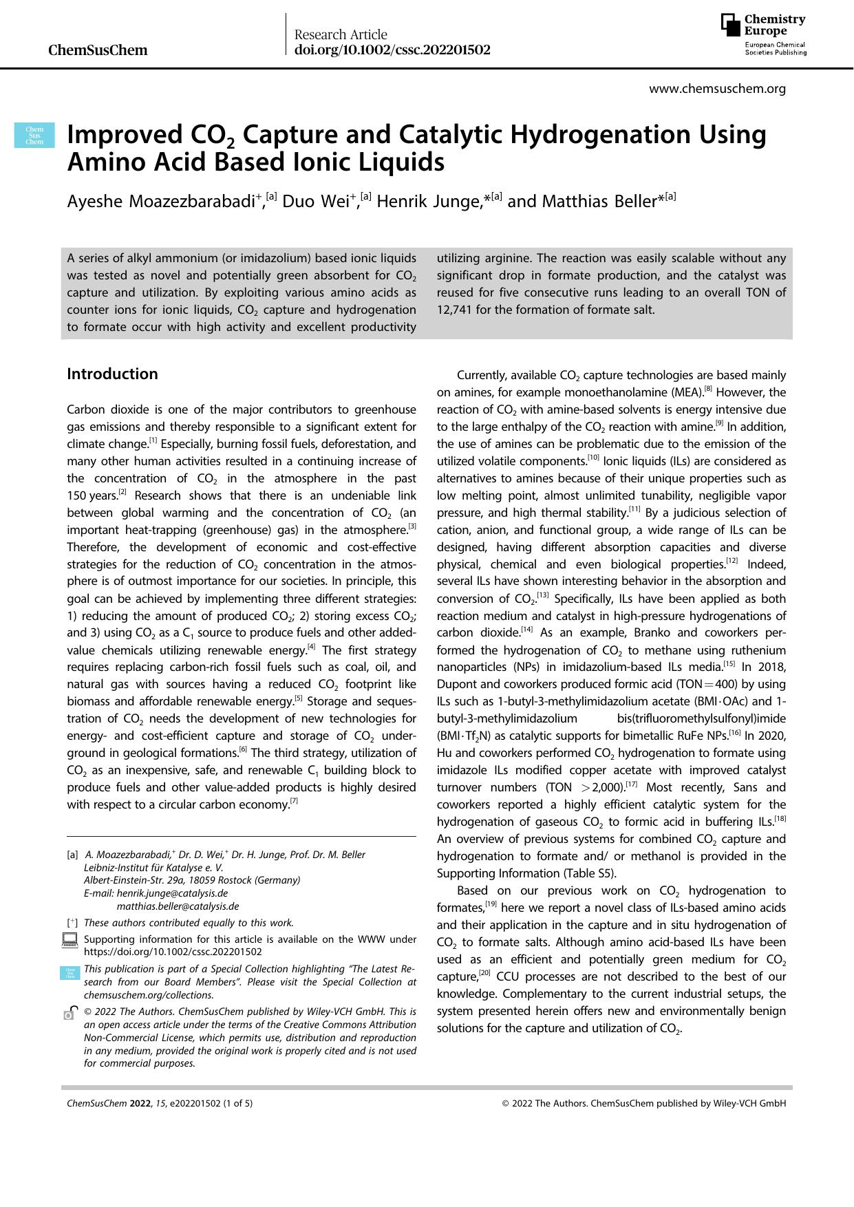 Improved CO2 Capture and Catalytic Hydrogenation Using Amino Acid Based Ionic Liquids by Unknown
