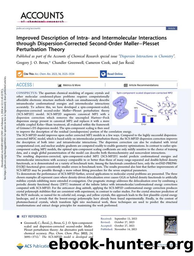 Improved Description of Intra- and Intermolecular Interactions through Dispersion-Corrected Second-Order MÃ¸llerâPlesset Perturbation Theory by Gregory J. O. Beran Chandler Greenwell Cameron Cook & Jan Řezáč