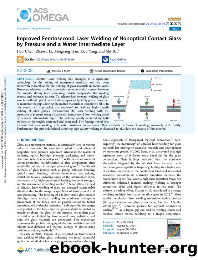 Improved Femtosecond Laser Welding of Nonoptical Contact Glass by Pressure and a Water Intermediate Layer by Hao Chen Zhaoxu Li Mingyang Han Xiao Yang & Shi Bai