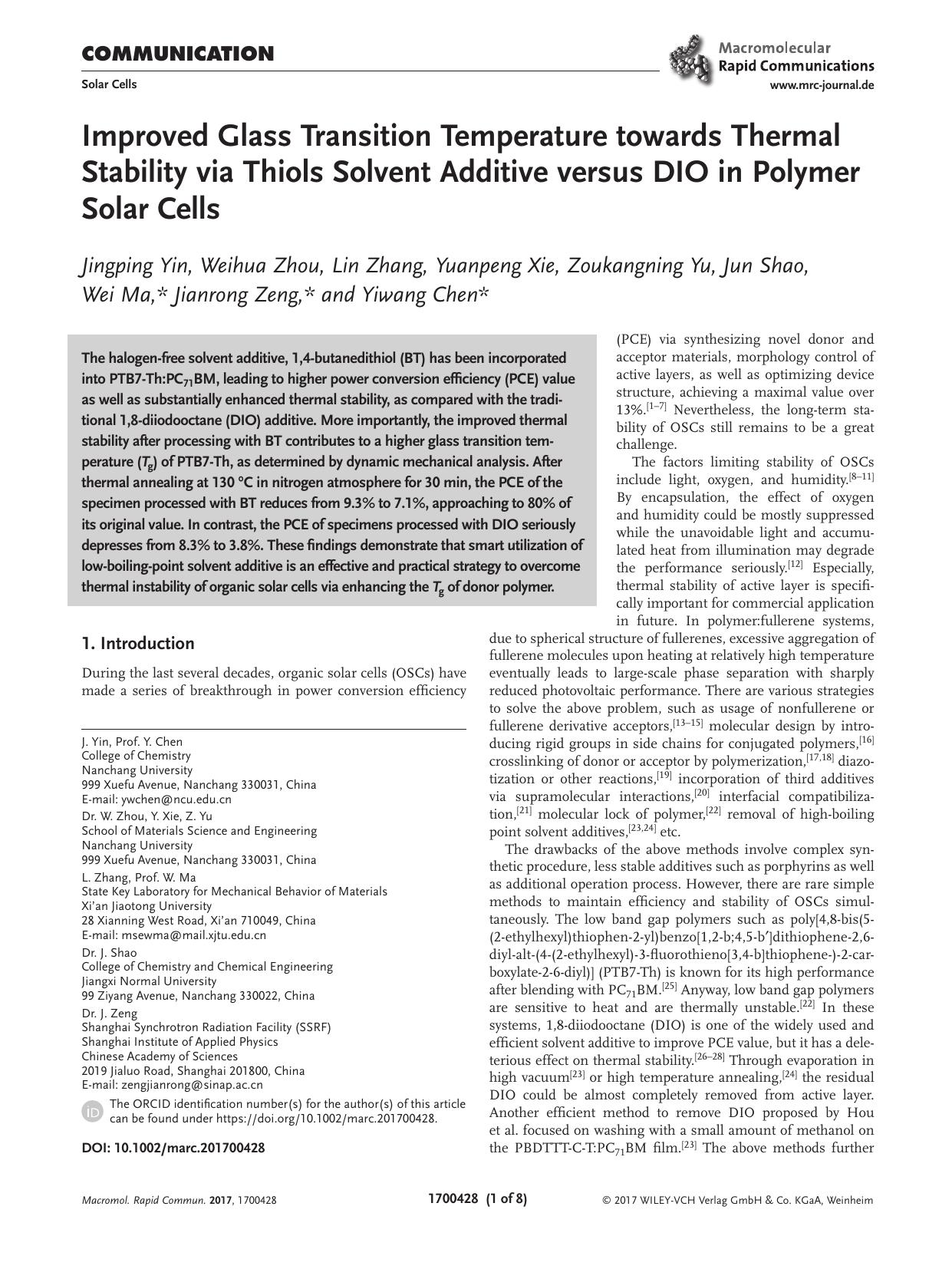 Improved Glass Transition Temperature towards Thermal Stability via Thiols Solvent Additive versus DIO in Polymer Solar Cells by Unknown