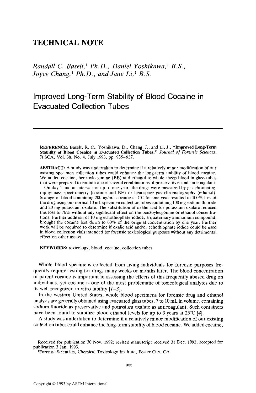 Improved Long-Term Stability of Blood Cocaine in Evacuated Collection Tubes by Baselt RC Yoshikawa D Chang J Li J