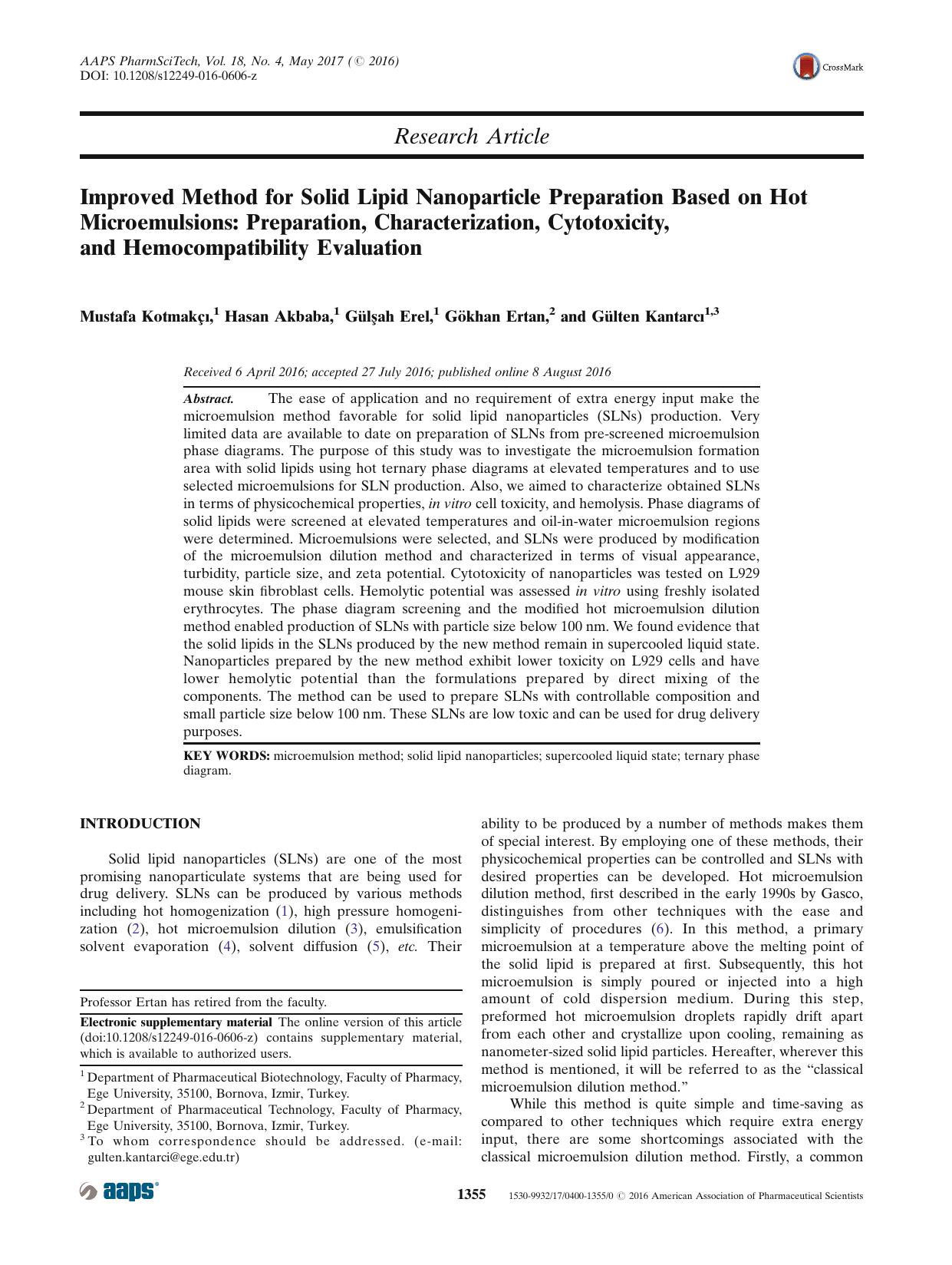 Improved Method for Solid Lipid Nanoparticle Preparation Based on Hot Microemulsions: Preparation, Characterization, Cytotoxicity, and Hemocompatibility Evaluation by Mustafa Kotmakçı