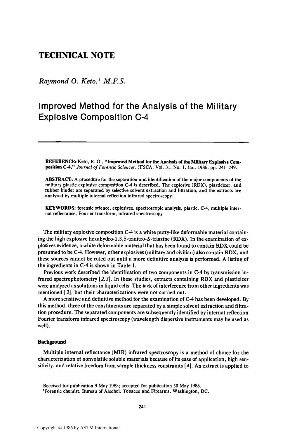 Improved Method for the Analysis of the Military Explosive Composition C-4 by Keto RO