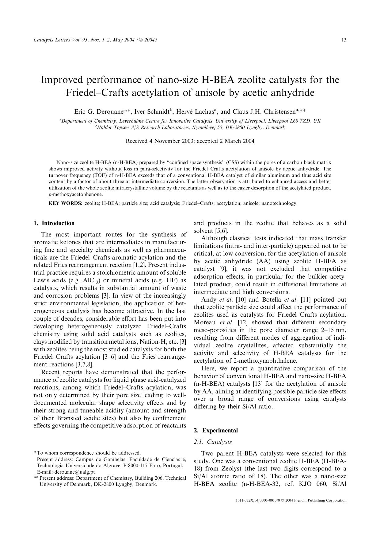 Improved Performance of Nano-Size H-BEA Zeolite Catalysts for the Friedel–Crafts Acetylation of Anisole by Acetic Anhydride by Unknown