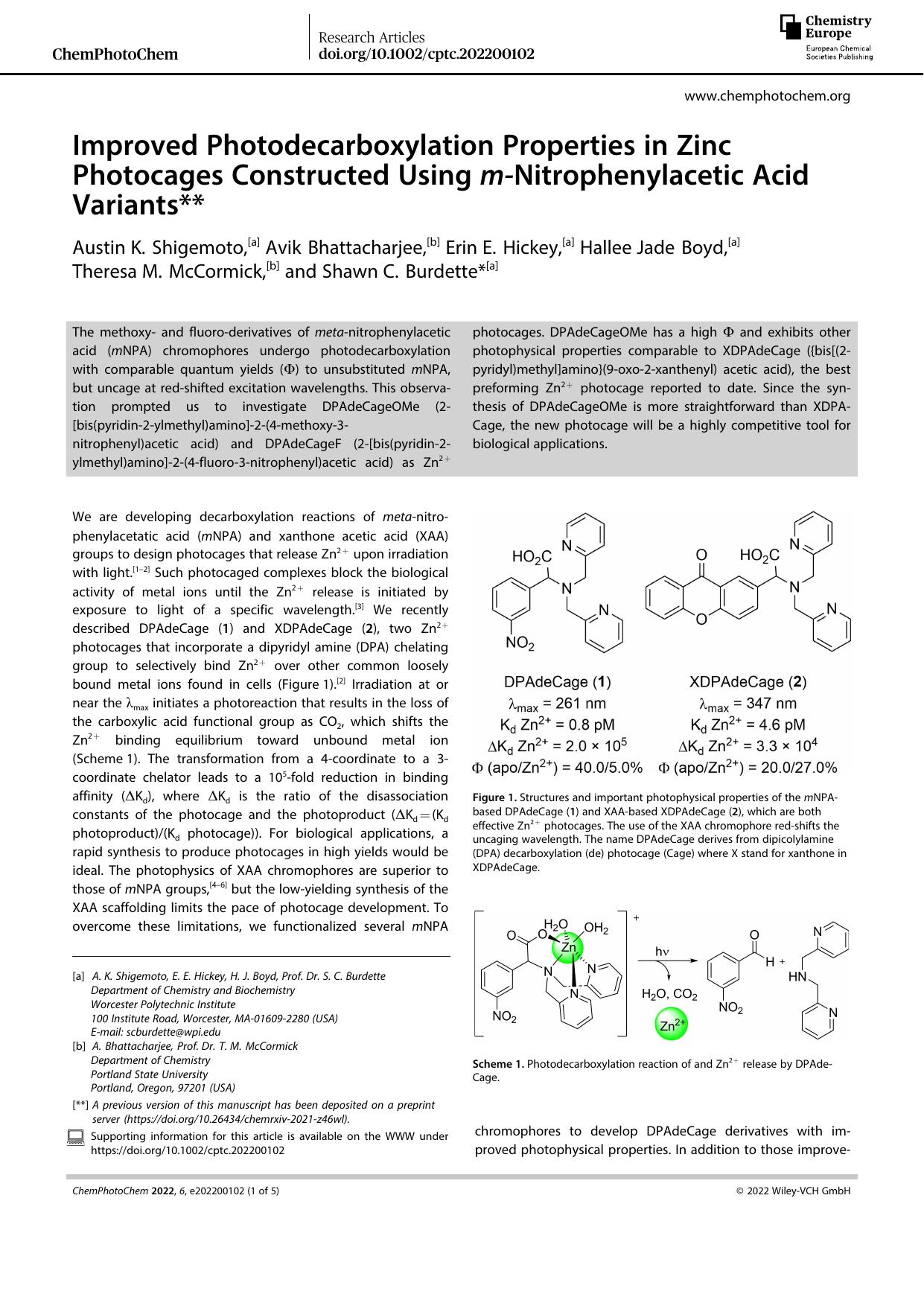 Improved Photodecarboxylation Properties in Zinc Photocages Constructed Using mâNitrophenylacetic Acid Variants by Unknown