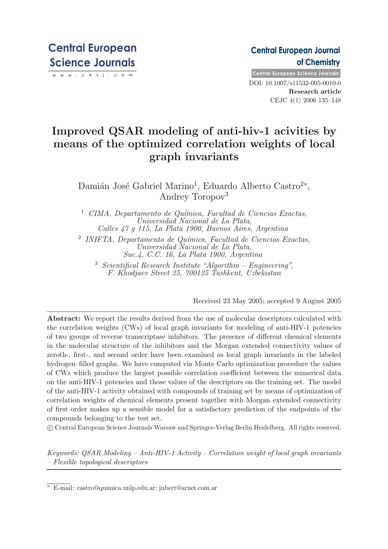 Improved QSAR modeling of anti-HIV-1 acivities by means of the optimized correlation weights of local graph invariants by Unknown